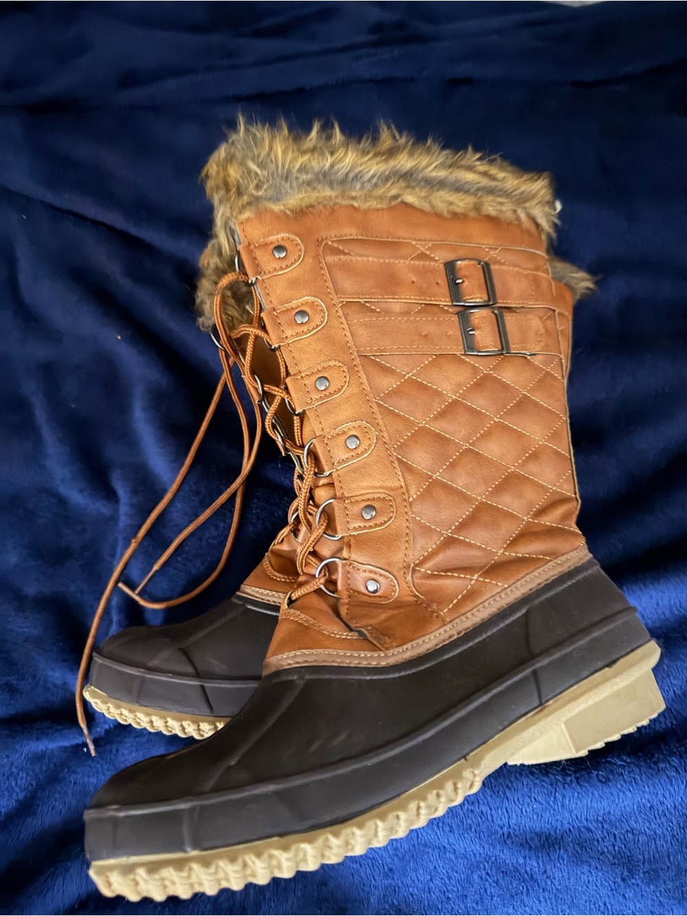 torrid Tan Quilted Lace-Up Winter Boots with Faux Fur Cuff